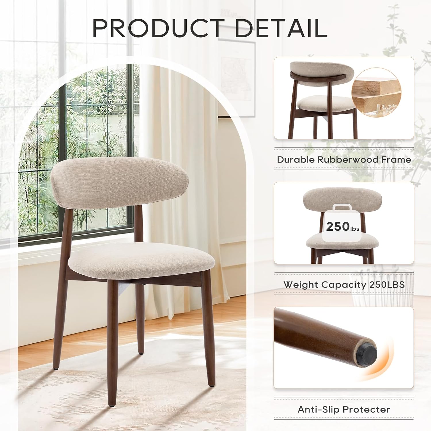 Colamy Wooden Dining Chairs Set Of 4, Modern Fabric Upholstered Kitchen Side Chairs, Farmhouse Dining Room Chair With Foot Pegs, Beige