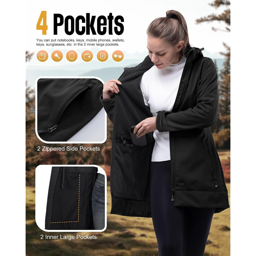 33,000Ft Women'S Waterproof Softshell Long Rain Jacket With Hood Fleece Lined Windproof Windbreaker