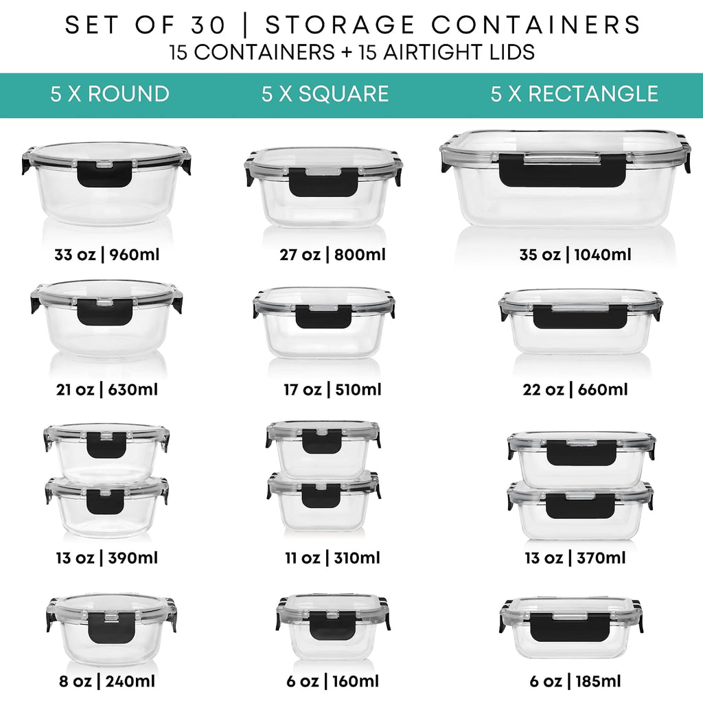 Razab 30 Pc Glass Food Storage Containers With Lids - Reusable Glass Meal Prep Containers For Lunch And Leftovers - Airtight & Leakproof Snap Locking Lids - Oven, Freezer, Microwave, Dishwasher Safe
