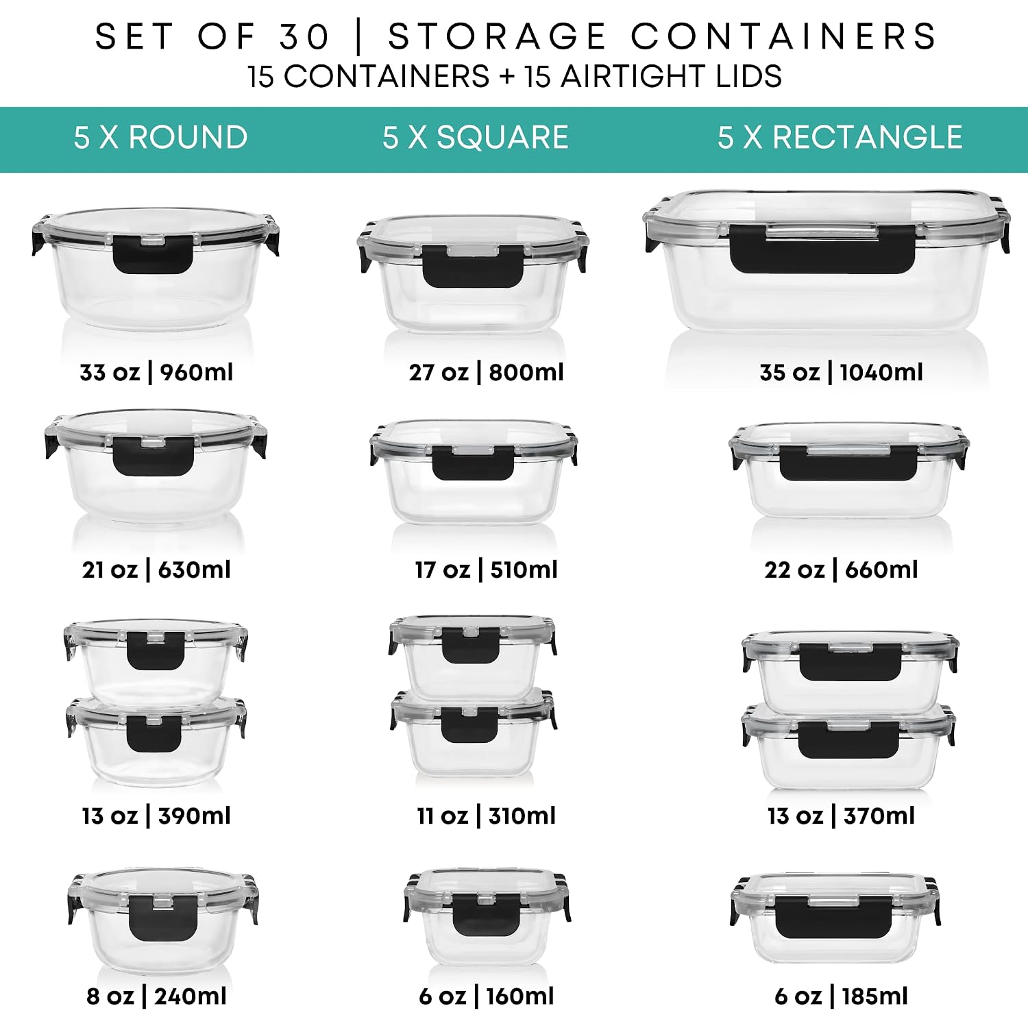 Razab 30 Pc Glass Food Storage Containers With Lids - Reusable Glass Meal Prep Containers For Lunch And Leftovers - Airtight & Leakproof Snap Locking Lids - Oven, Freezer, Microwave, Dishwasher Safe