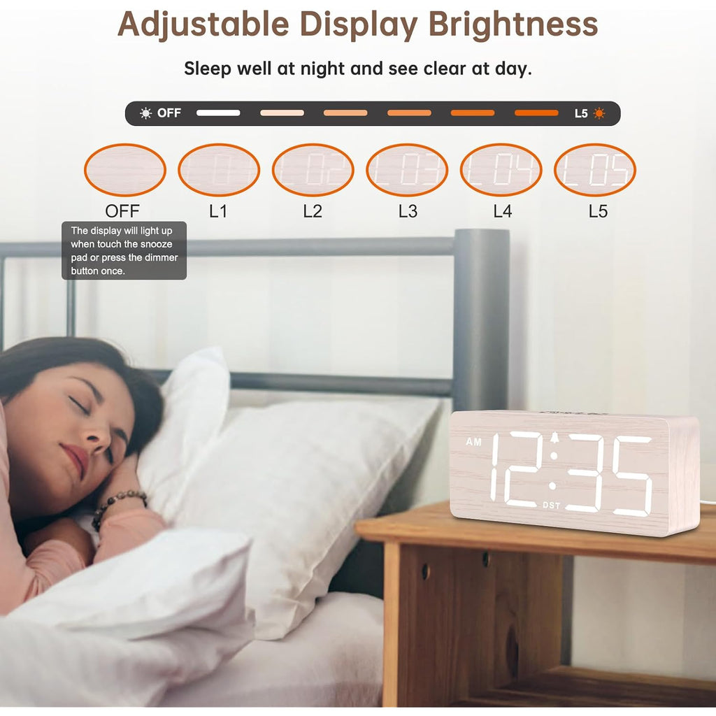 Dreamsky Wooden Digital Alarm Clock For Bedroom - Desk Clock For Living Room With Large Numbers, Dimmer, Loud Alarm For Heavy Sleepers With Volume Control, Dst, Office Wood Decor (Plug In Clock)