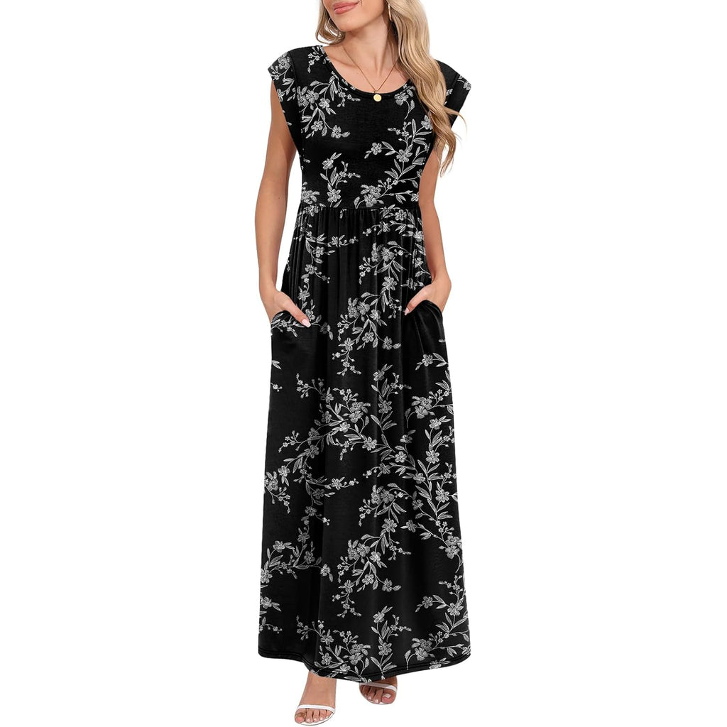 Db Moon Womens 2026 Maxi Dresses Empire Waist Long Summer Dress Casual Cap Short Sleeve Sundress With Pockets