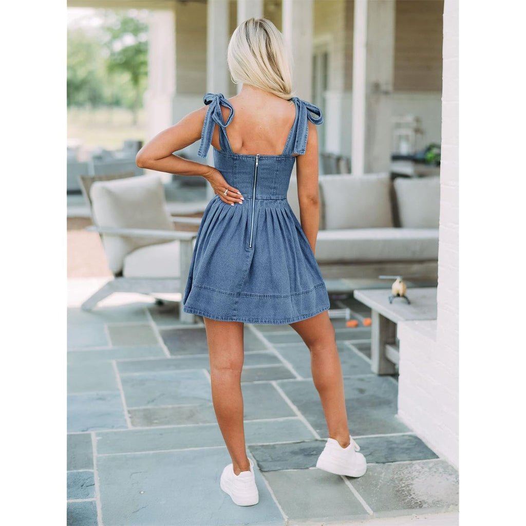 Women'S Summer Tie Shoulder Sleeveless Denim Mini Dress Casual Flowy Swing Pleated Short Denim Dress