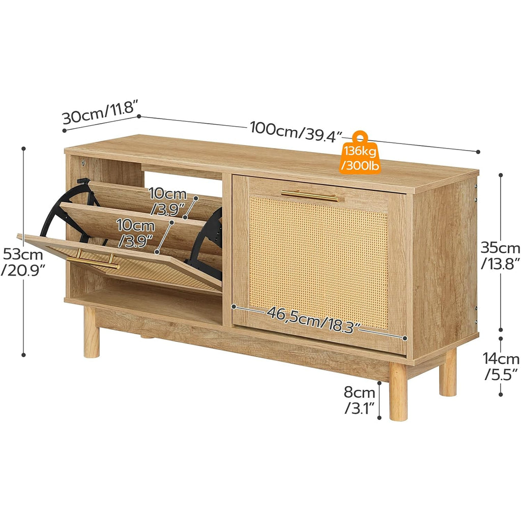 Hoobro Shoe Storage Bench, Rattan Entryway Bench With 2 Flip Drawers, 39.4'' Hidden Shoe Cabinet With Adjustable Shelves, Comfort Seat Holds 300Lb, Large Capacity Fits 8-12 Pairs, Natural Nl51Hx01