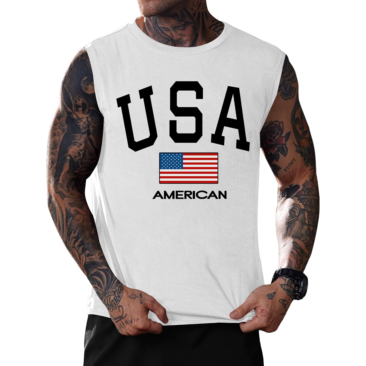 Mainfini Men American Flag Tank Top Muscle Graphic Gym Workout Usa Sleeveless Tee Shirts (S-3Xl)