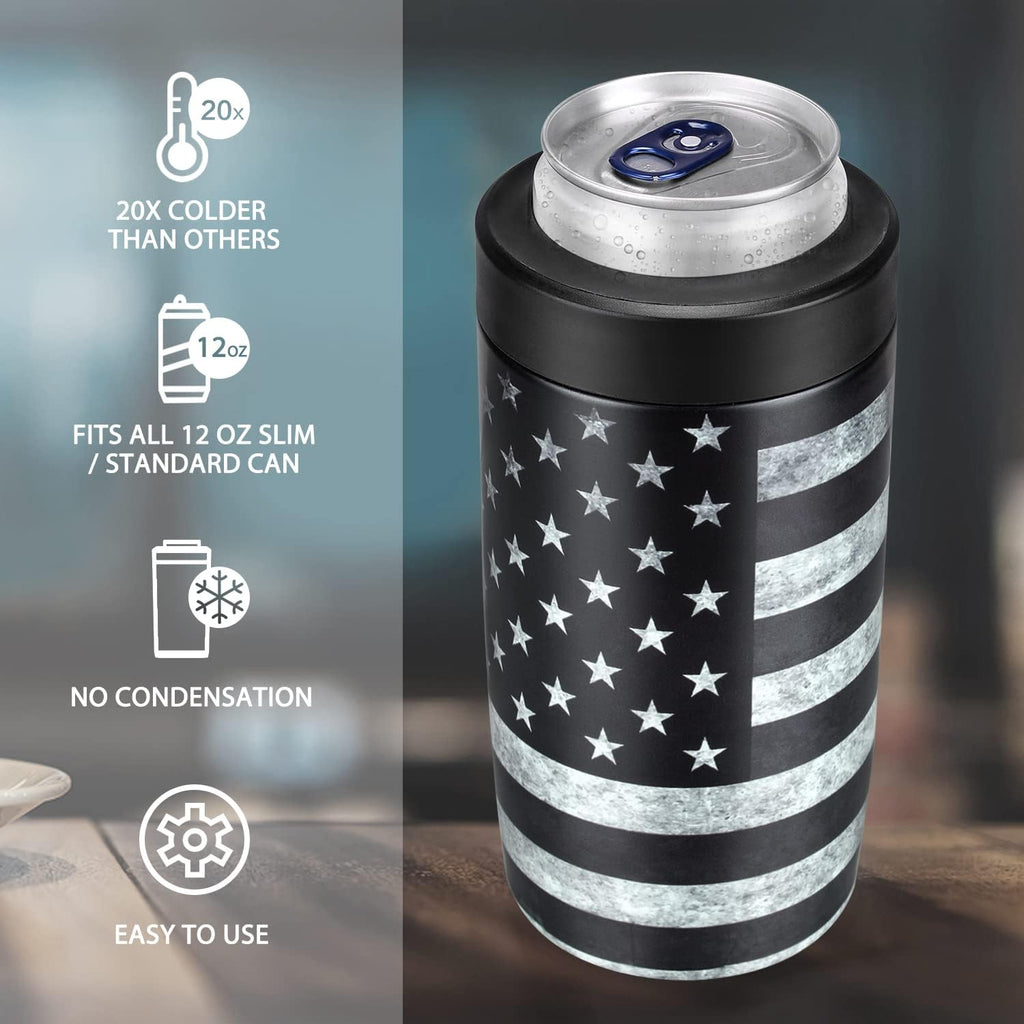 4-In-1 Slim Can Cooler Easy To Hold Insulated Beer Can Holder Double-Walled Stainless Steel For All 12 Oz Cans Black America Flag 2