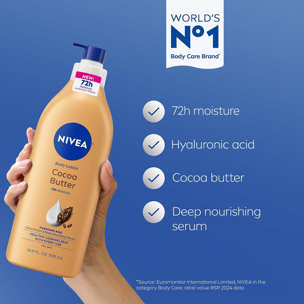 Nivea Cocoa Butter Body Lotion For Dry Skin With Hyaluronic Acid, Cocoa Butter And Deep Nourishing Serum, 72-Hour Body Moisturizer, 16.9 Fl Oz Pump Bottle