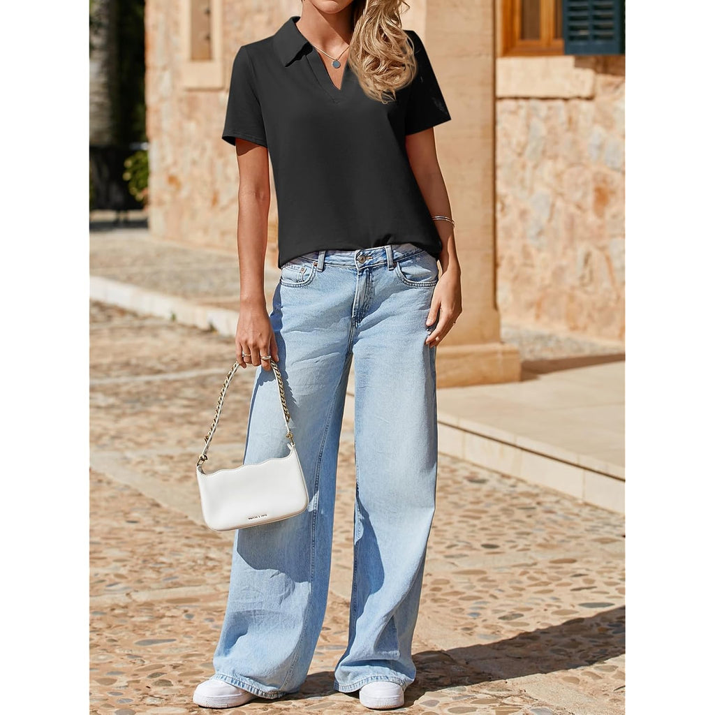 Womens Short Sleeve Polo Shirts V Neck Business Dressy Casual Tops Summer Collared Trendy Tees