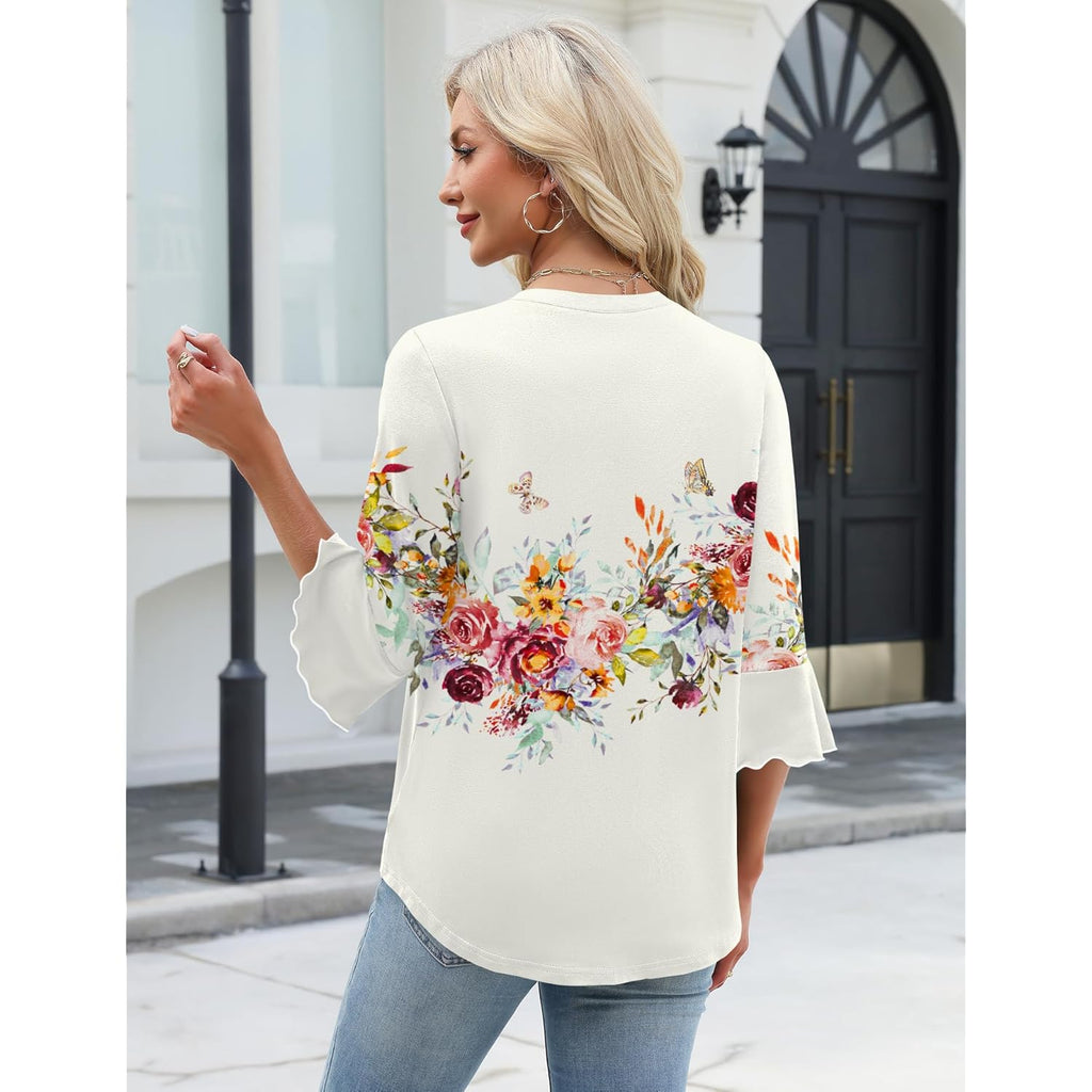 Women's Button Down T Shirts 3/4 Sleeve V-Neck Tops Casual Summer Ladies Tees Ruffle Bell Sleeve Tunic