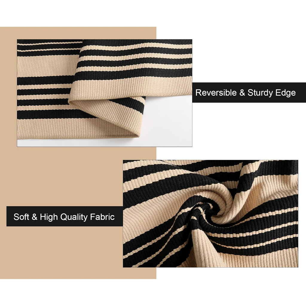 Striped Outdoor Front Door Mat 24"X51", Cotton Hand Woven Washable Black And Khaki Rug Runner, Reversible Foldable Indoor Layered Front Door Rugs For Entryway/Farmhouse/Home Entrance