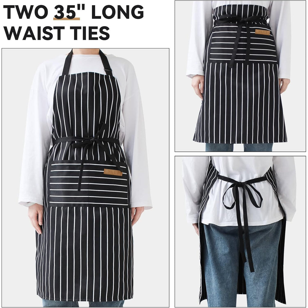 2 Pack Kitchen Cooking Aprons, Adjustable Bib Soft Chef Apron With 2 Pockets For Men Women(Black/Brown Stripes)