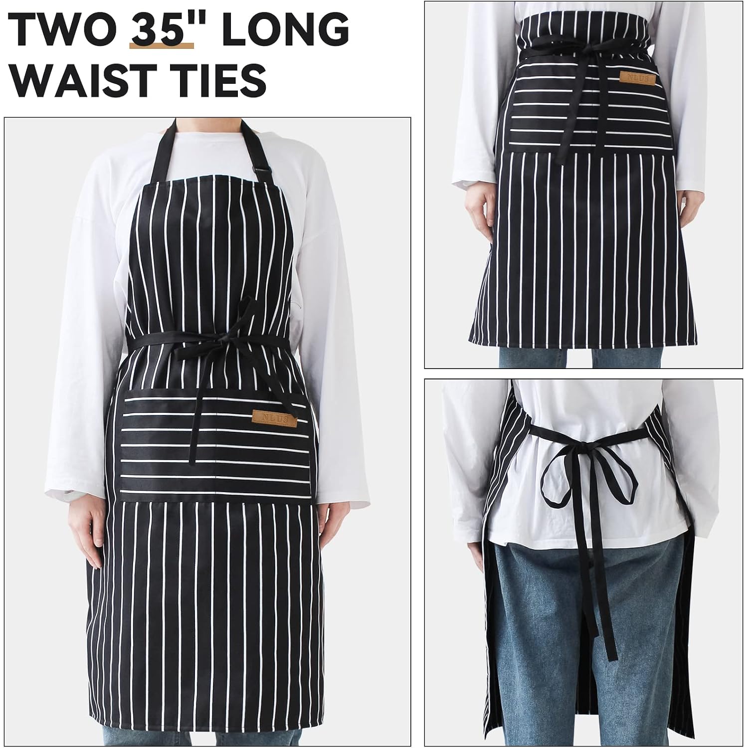 2 Pack Kitchen Cooking Aprons, Adjustable Bib Soft Chef Apron With 2 Pockets For Men Women(Black/Brown Stripes)
