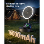 Gaiatop Portable Pedestal Fan 16000Mah Battery [Max 74H Runtime], Foldable Oscillating Standing Fan, Collapsible Desk Fans, Led Light, Case & Remote Control 4 Speeds For Outdoor Travel Camping (Black)