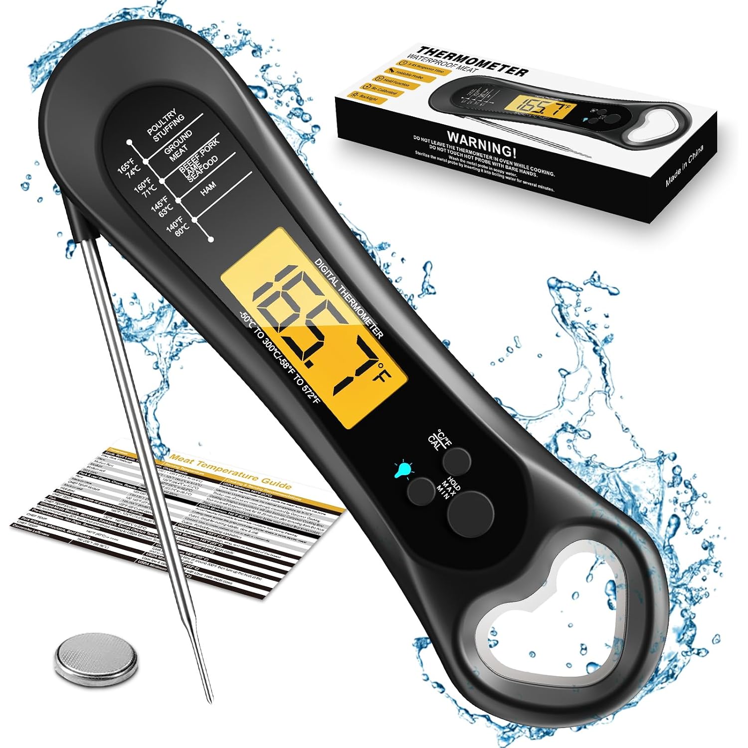 Meat Thermometer Digital, Instant Read Meat Thermometer For Grill And Cooking, With Bottle Opener, Backlight & Calibration Food Thermometer, Kitchen Gadgets For Bbq, Turkey, Candy, Liquids