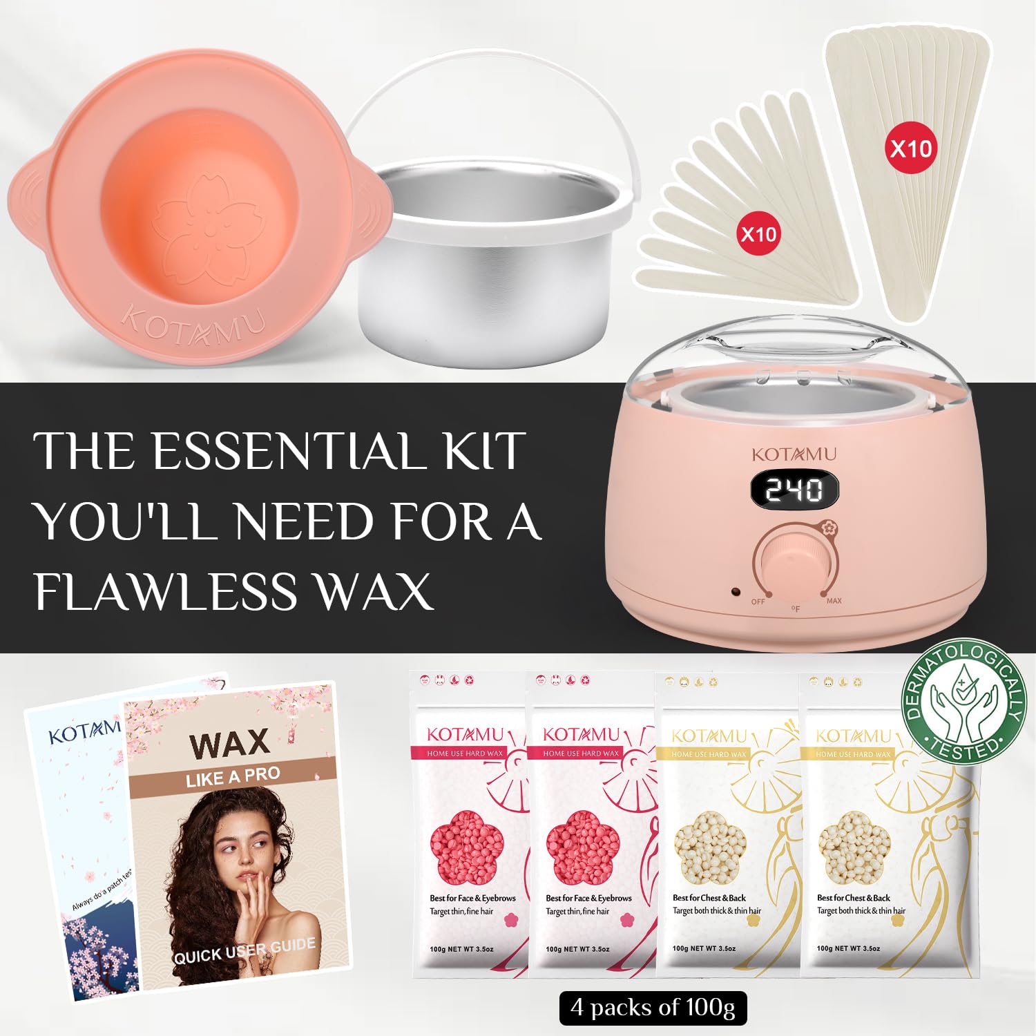 KOTAMU Wax Kit Pink Digital Hair Removal Waxing Kit for Women & Men Hot Wax Warmer Pot for Face, Eyebrow, Body, Brazilian, Bikini, Sensitive Skin Waxing Machine with 25 Accessories for Home Salon