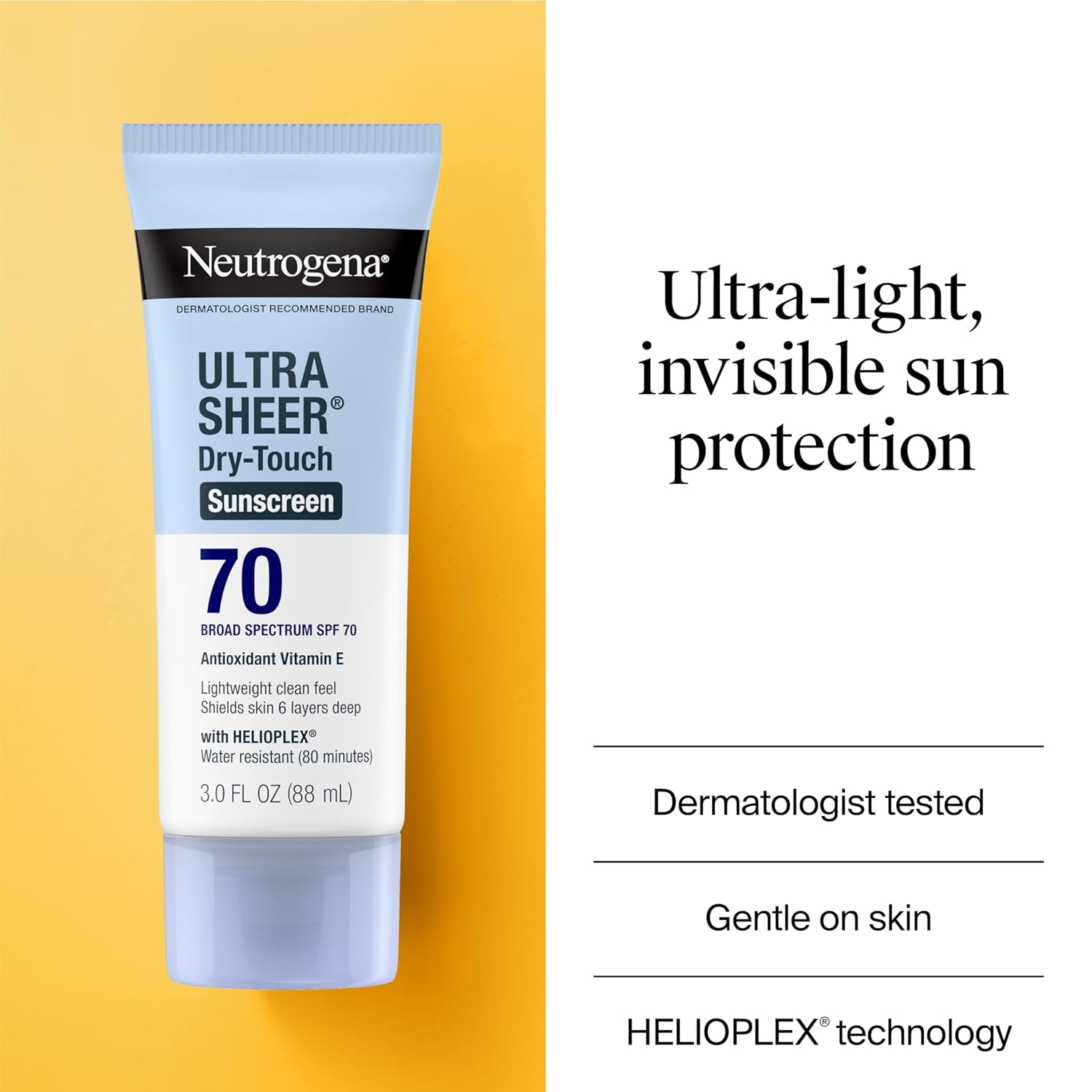 Neutrogena Ultra Sheer Dry-Touch Sunscreen For Face & Body, SPF 70 Broad Spectrum UVA/UVB Protection, Lightweight Water Resistant & Non-Greasy, Travel Size Sunscreen, 3 fl. oz (Pack of 3)