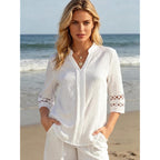 Funlingo 3/4 Length Sleeve Womens Tops V Neck Dressy Casual Blouses Lace Tunic Pleated Shirts Business Casual Outfits 2026