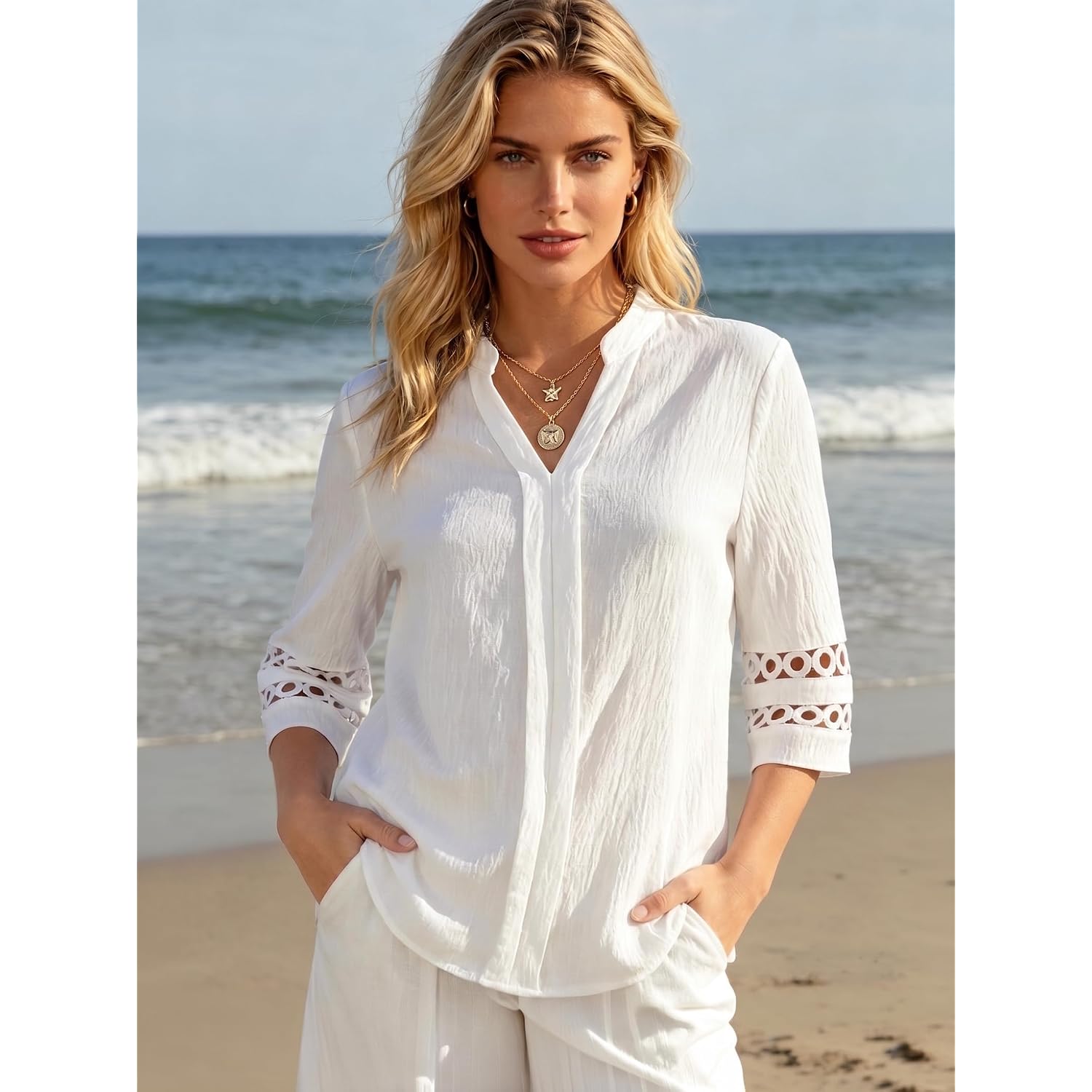 Funlingo 3/4 Length Sleeve Womens Tops V Neck Dressy Casual Blouses Lace Tunic Pleated Shirts Business Casual Outfits 2026