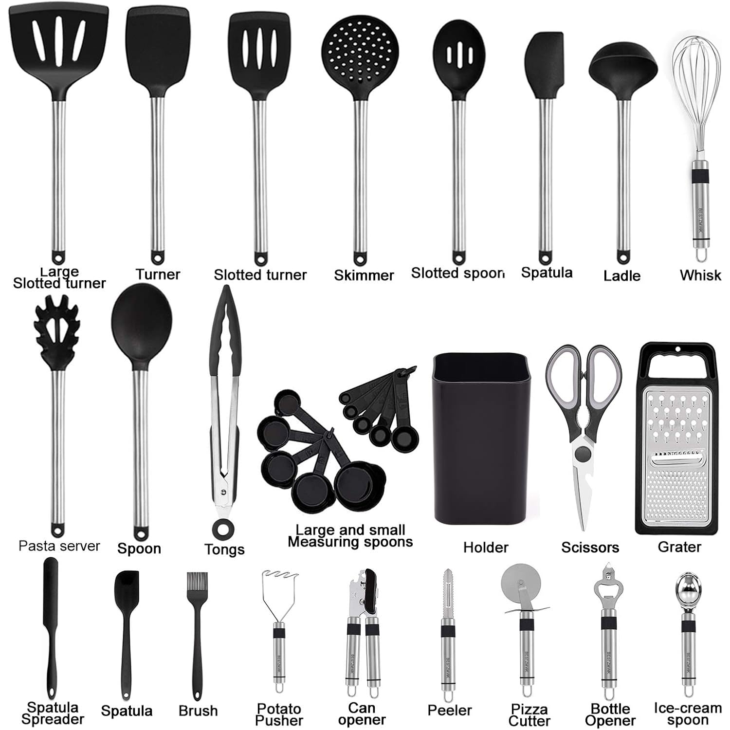 Kitchen Utensil Set-Silicone Cooking Utensils-33 Kitchen Gadgets & Spoons For Nonstick Cookware-Silicone And Stainless Steel Spatula Set-Best Kitchen Tools, Useful Pots And Pans Accessories