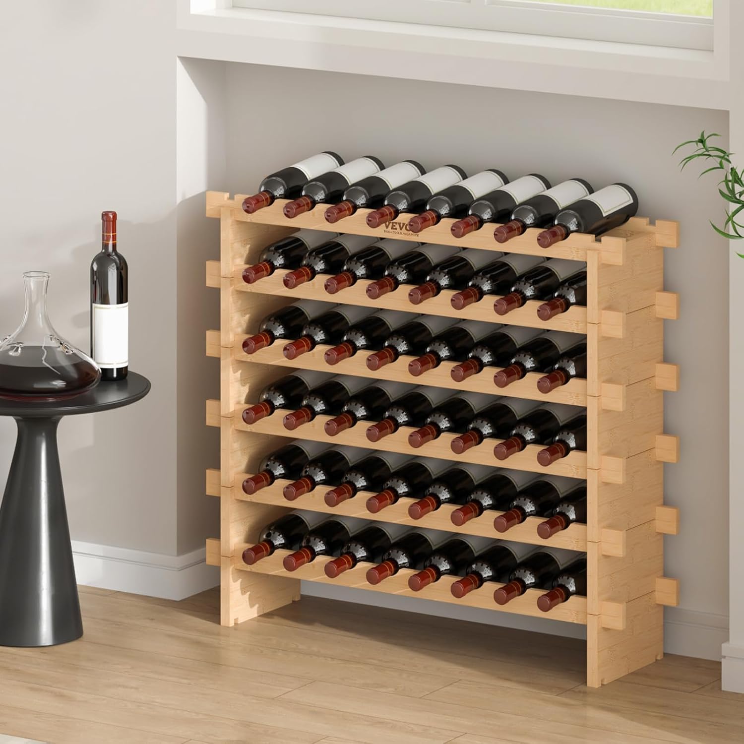Vevor 6-Tier 48 Bottles Stackable Modular Wine Rack, Freestanding Wines Holder Display Shelf, Solid Bamboo Wood Storage Racks, Wobble-Free Shelves For Kitchens, Dining Rooms, Cellars, Natural Color