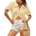 Tankaneo Womens Puff Sleeve Shirts Peter Pan Collar Button Down Cotton Blouse Casual Summer Textured Tops