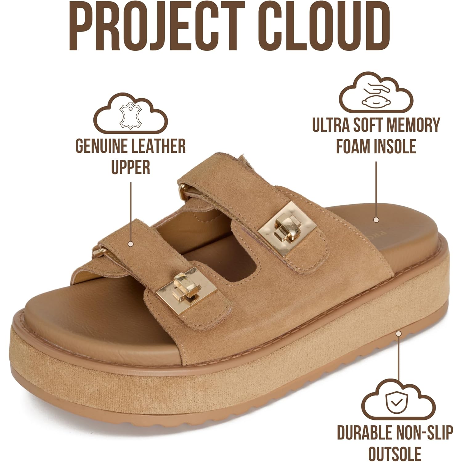 Project Cloud Platform Sandals Women - Memory Foam Insole Slides Women with Adjustable Buckle - Non Slip and Lightweight Womens Sandals 2026 (Havana)