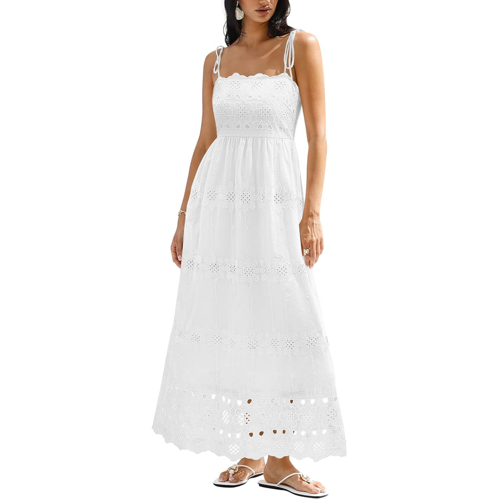 Dowerme Womens Summer Maxi Dresses 2026 Casual Spaghetti Strap Smocked Eyelet Cotton Dress Long Beach Vacation Sundress