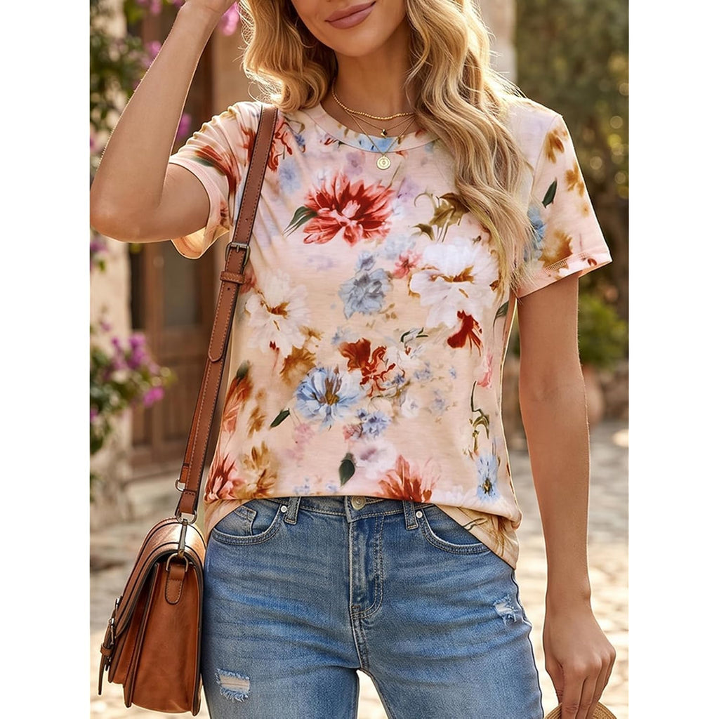 Cicy Bell Womens Summer Floral T-Shirts Short Sleeve Crew Neck Trendy Casual Tops Loose Fit Tees