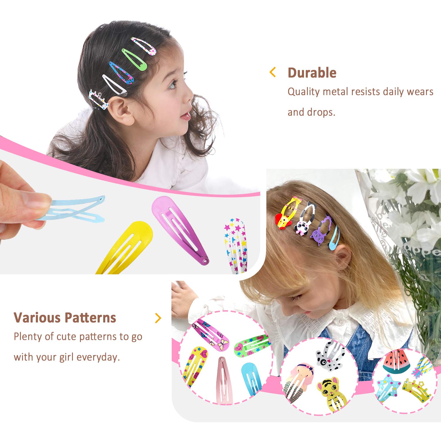 Funtopia Hair Clips For Girls,100 Pcs No Slip Metal Snap, Barrettes For Kids Teens Women, Cute Candy Color Cartoon Design Hair Pins (Animals Fruits Crowns Stars)