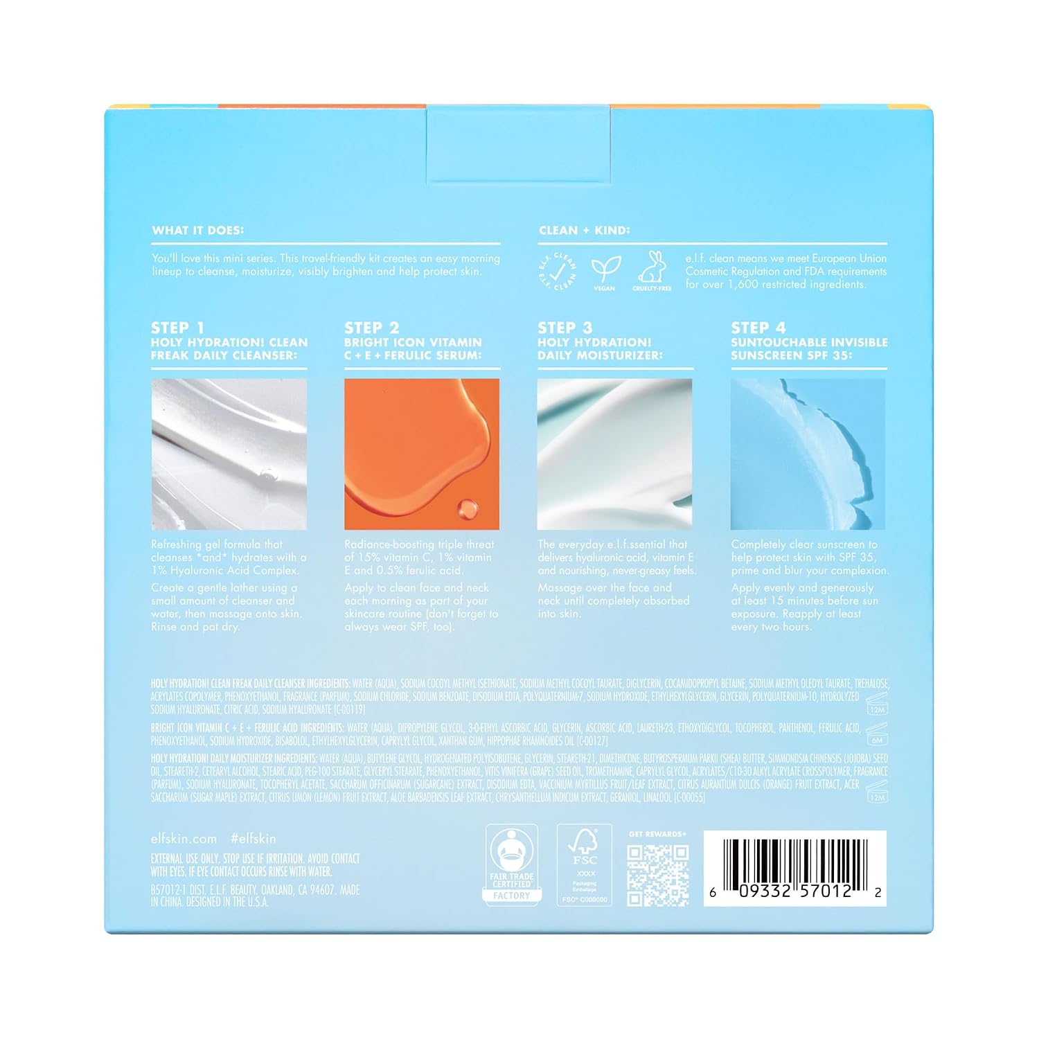 E.L.F. Skin Wake The E.L.F. Up Skincare Kit, Travel-Size Hydrating Face Cleanser, Sunscreen, Moisturizer & Brightening Serum, Vegan & Cruelty-Free