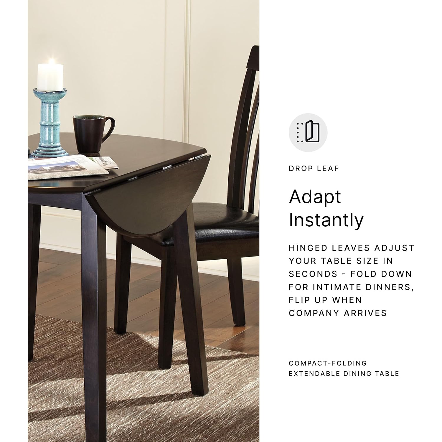 Signature Design By Ashley Hammis Round Dining Room Drop Leaf Table, Seats Up To 4, Hinged Drop Leaves, Wood, 36.38" W X 36.38" D X 29.88" H, Dark Brown