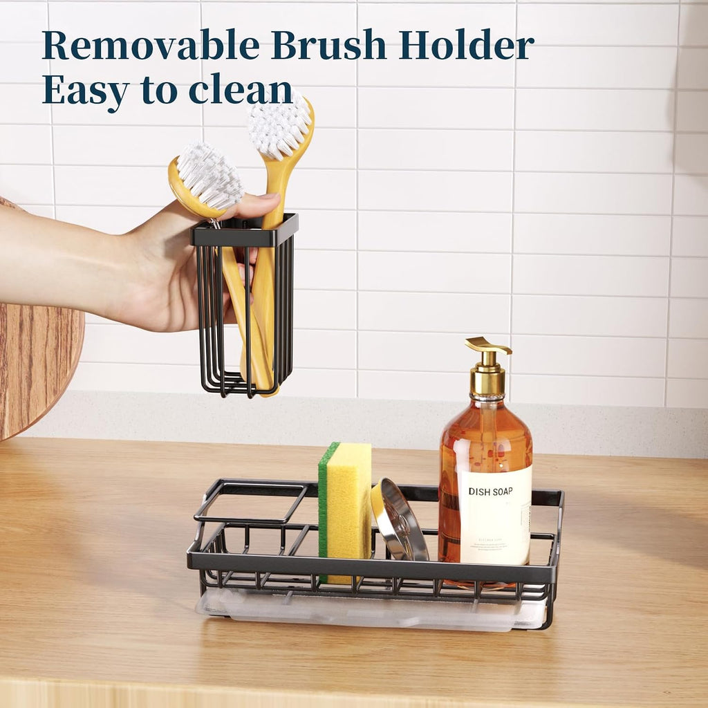 Sponge Holder For Kitchen Sink - Kitchen Sink Caddy Organizer With Removable Drip Tray For Countertop Dish Soap Dispenser Brush Storage Accessories 304 Stainless Steel - Black