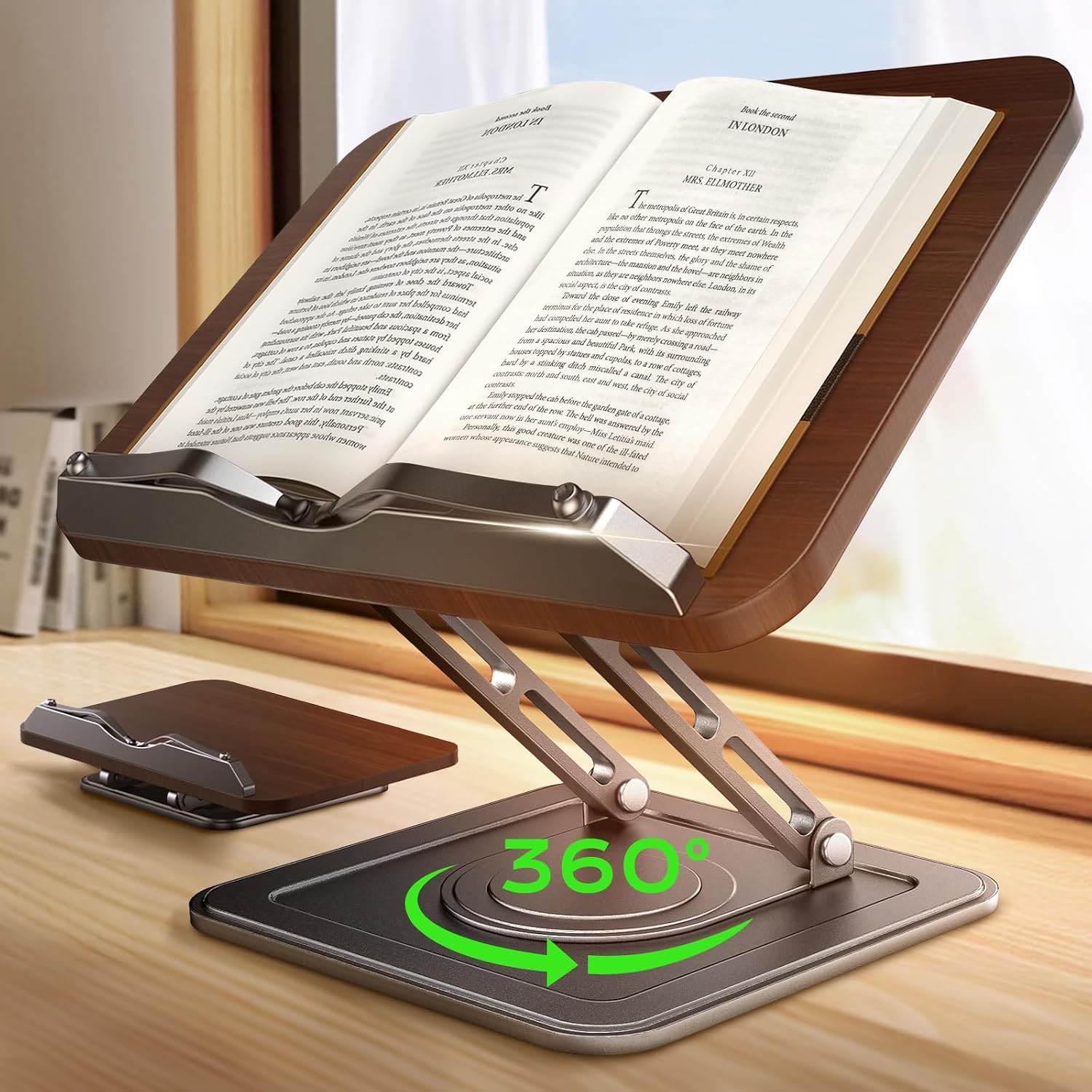 Book Stand For Reading, Adjustable Book Holder With 360°Rotating Bases, Ergonomic Cookbook Stand Recipe Book Holder With Elastic Page Clips For Magazines, Tablets, Laptops,Black