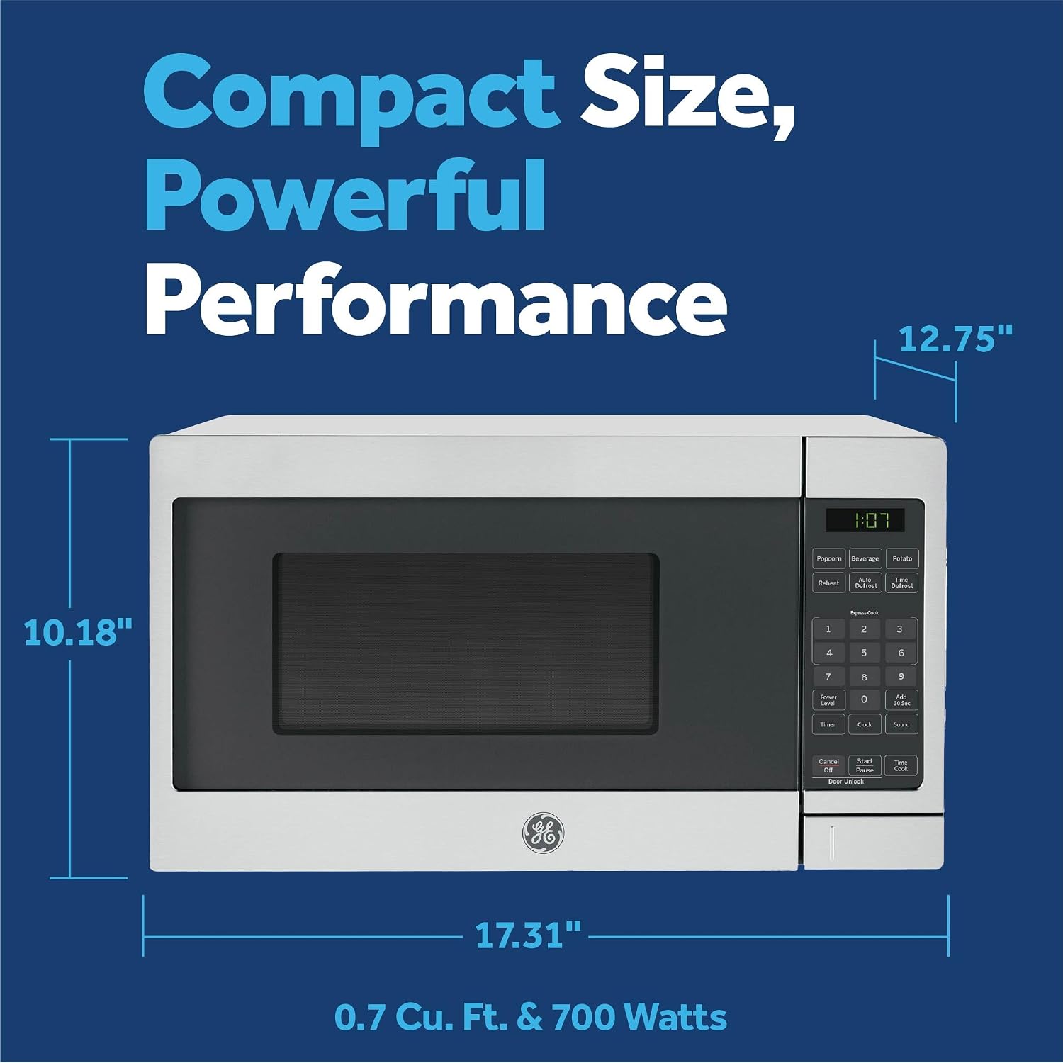 Ge Countertop Microwave, 700 Watt 0.7 Cu. Ft., Stainless Steel, Gcst07N1Wss | 4 Convenience Cook Settings, One-Touch Controls, Child Lock Technology, Glass Turntable, For Kitchen, Dorm, Office, Apartment