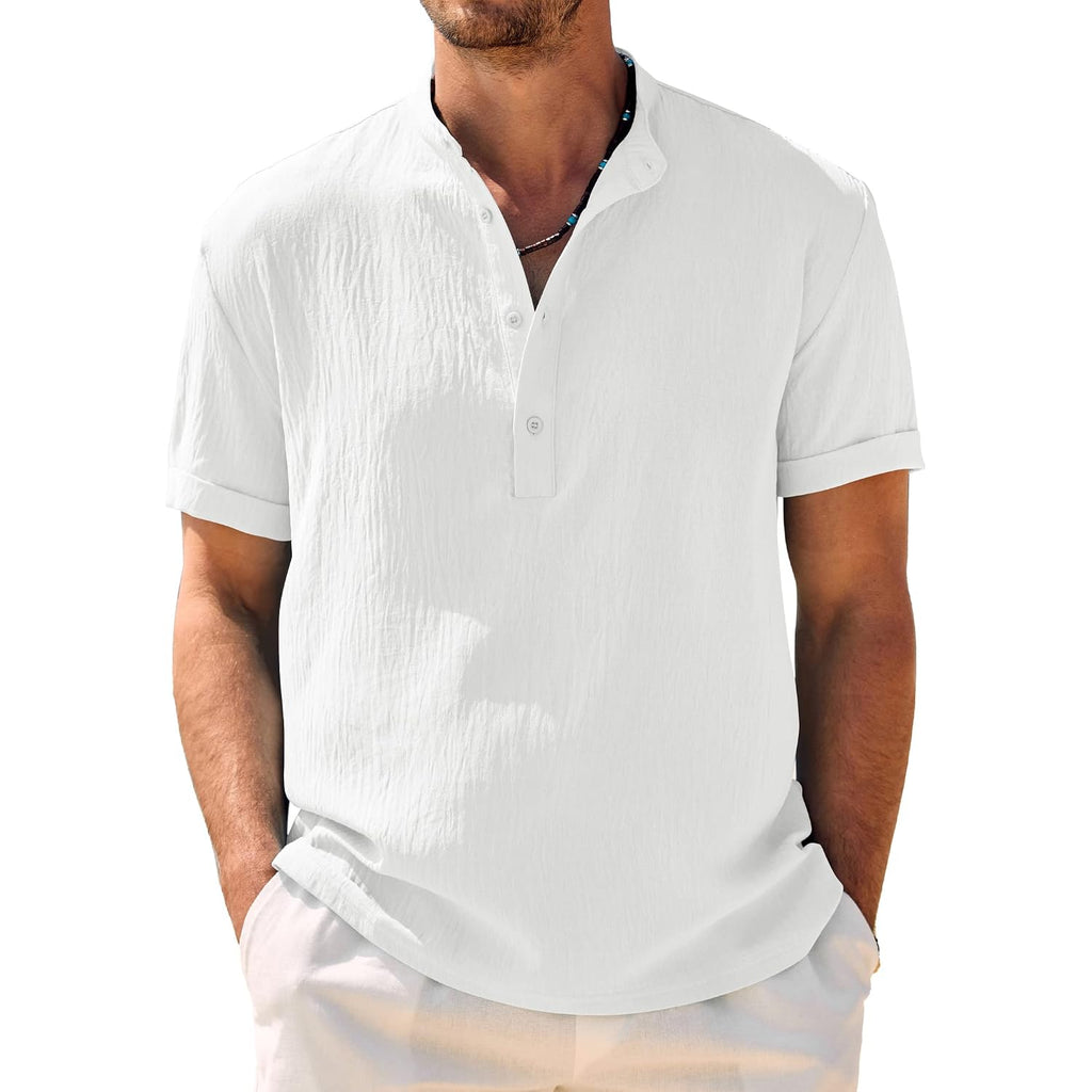 Coofandy Men'S Casual Henley Shirt Band Collar Short Sleeve Shirt Summer Beach Hippie T-Shirt
