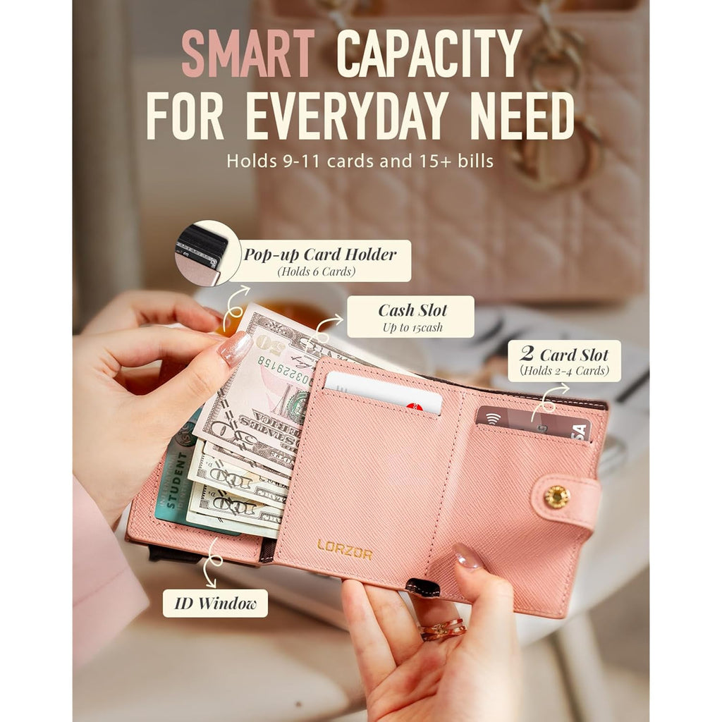 Women Wallet Rfid Blocking Wallet For Women, Slim Small Size, Top Grain Leather, Pop Up Credit Card Holder, Trifold, Minimalist, Pink Saffiano 9-11 Cards Capacity Id Window Cash Pocket,Gift For Her