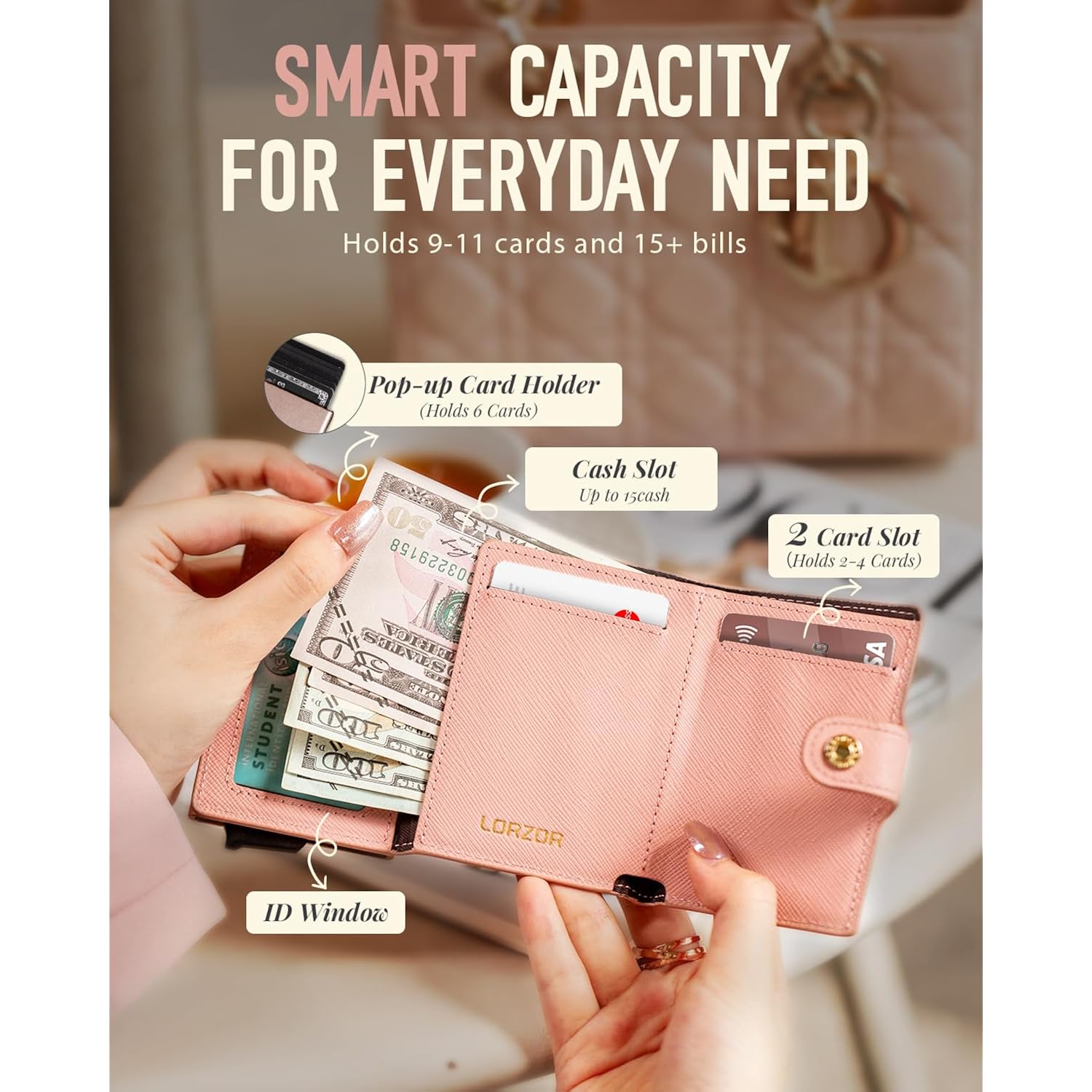 Women Wallet Rfid Blocking Wallet For Women, Slim Small Size, Top Grain Leather, Pop Up Credit Card Holder, Trifold, Minimalist, Pink Saffiano 9-11 Cards Capacity Id Window Cash Pocket,Gift For Her