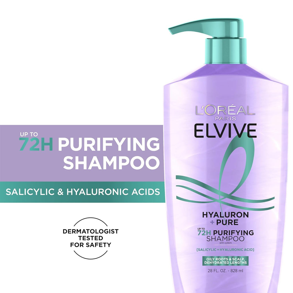 L'Oreal Paris Elvive Hyaluron + Pure Shampoo And Conditioner Set, Clarifying Shampoo And Rehydrating Conditioner With Salicylic Acid And Hyaluronic Acid, 56 Fl Oz Set