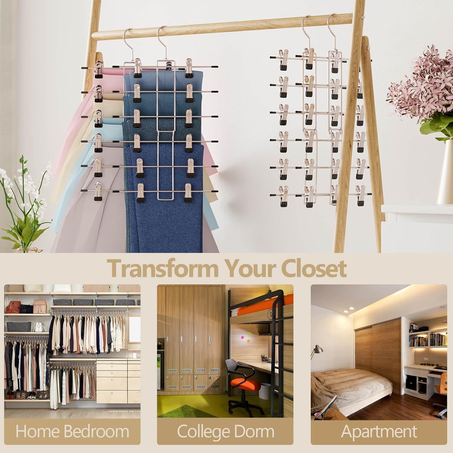 Pants Hangers With Clips,Space Saving Hanging Closet Organizer-6 Tiers Skirt Hangers With 360° Swivel Hook,Closet Organizer-Clothes Hangers- College Dorm Essentials Apartment Essentials-2 Pack