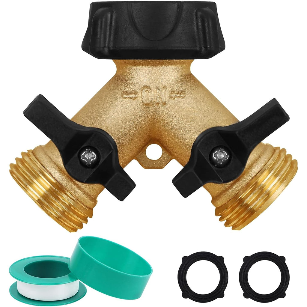 Biswing Garden Hose Splitter 2 Way, Heavy Duty Brass Connector Tap Splitter, Y Splitter 2 Valves With 2 Extra Rubber Washers