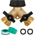 Biswing Garden Hose Splitter 2 Way, Heavy Duty Brass Connector Tap Splitter, Y Splitter 2 Valves With 2 Extra Rubber Washers