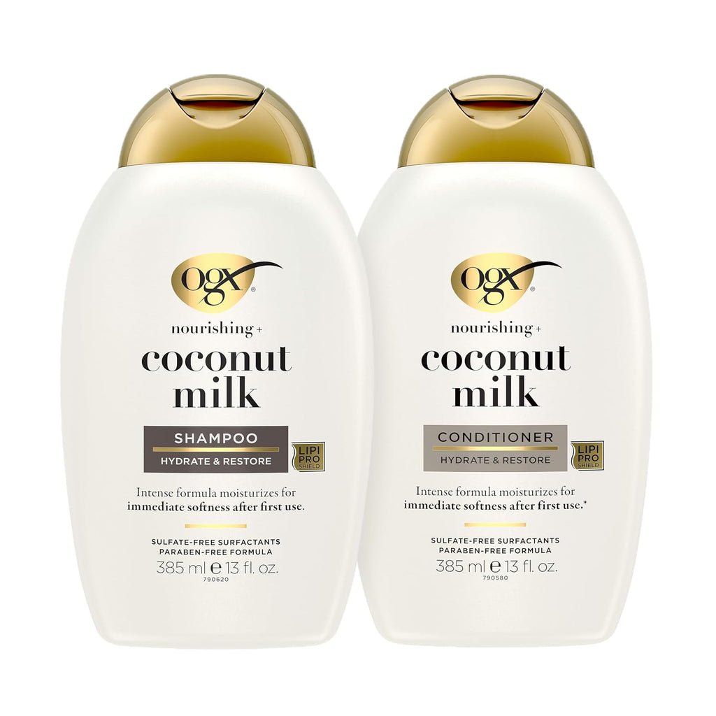 Ogx Nourishing + Coconut Milk Sulfate Free Shampoo And Conditioner Set, Hydrates & Softens Hair, Lipi Pro Shield Technology, Creamy Coconut Milk White Peach & Shea Butter Scent, 2 Items, 2 X 13 Fl Oz