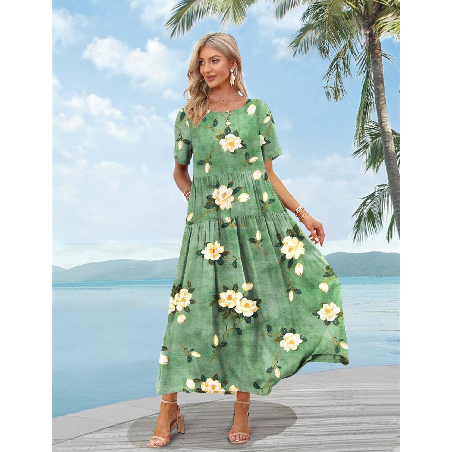 Yesno Women Casual Loose Bohemian Floral Dress With Pockets Short Sleeve Long Maxi Summer Beach Swing Dress Ejf