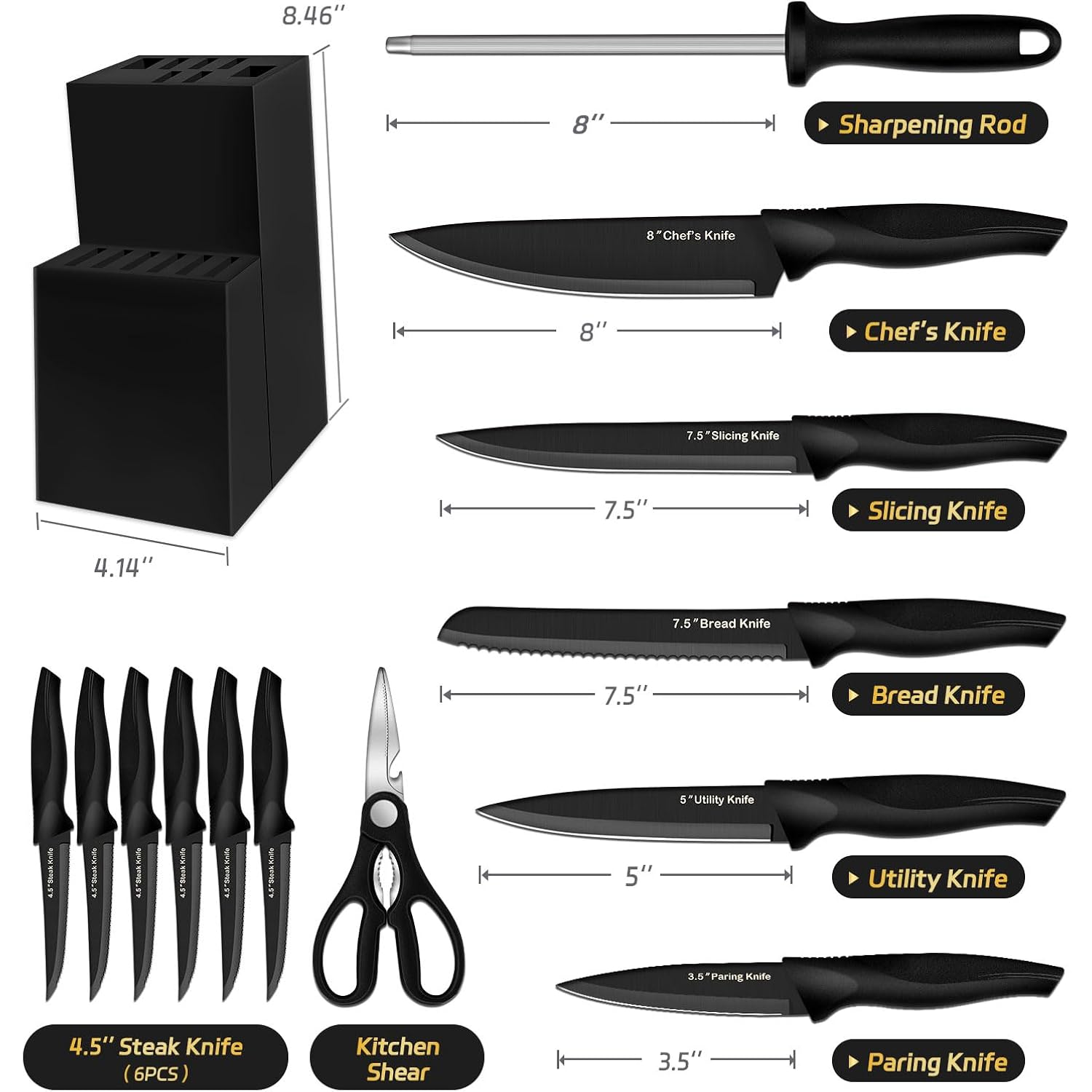 XANAPON Knife Set, 14 Pieces Kitchen Knife Set, High Carbon German Stainless Steel, Dishwasher Safe Cutlery with Sharpener, Black