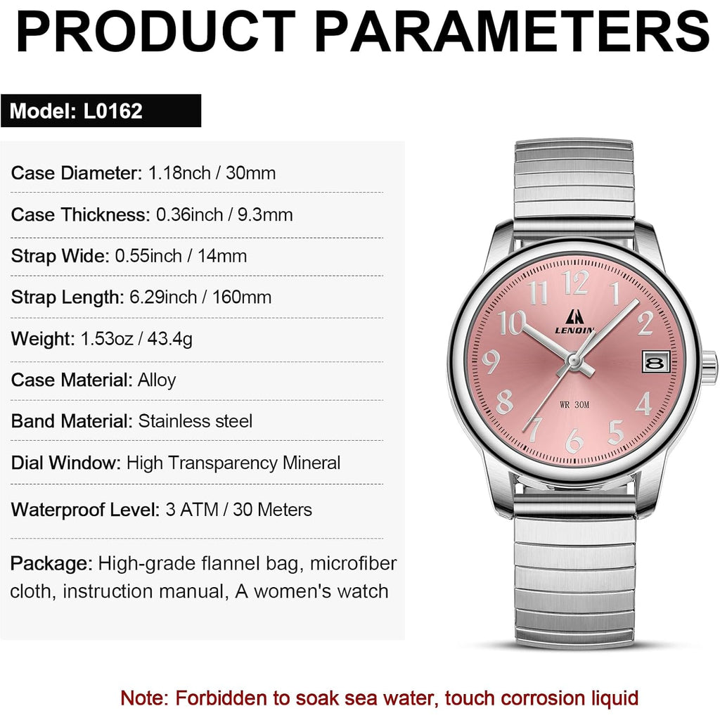 LN LENQIN Ladies Watches Womens Watch Stainless Steel Analog Quartz Watches for Women Waterproof Easy Reader Women's Wrist Watch with Date Expansion Band