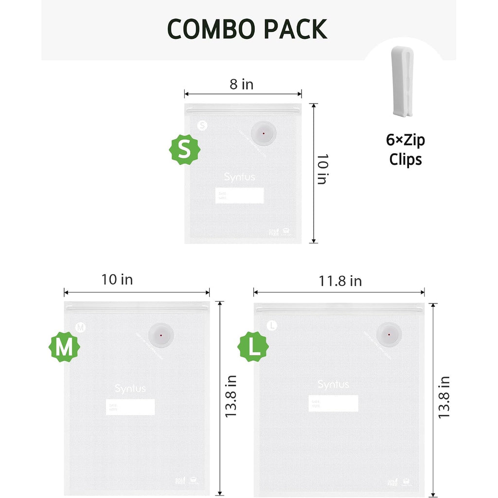Syntus Vacuum Sealer Bags For Food, 60 Pcs (S+M+L) 8" X 10" And 10" X 13.8" And 11.8" X 13.8" Food Storage Bags For Sous Vide Cooking Microwave Heating, Air Valve Zipper Bags