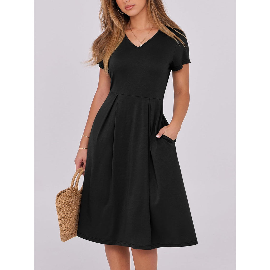 Women Summer Dress Casual Short Sleeve V Neck A-Line Knee Length Pleated Flowy 2026 Fashion Midi Dresses with Pocket