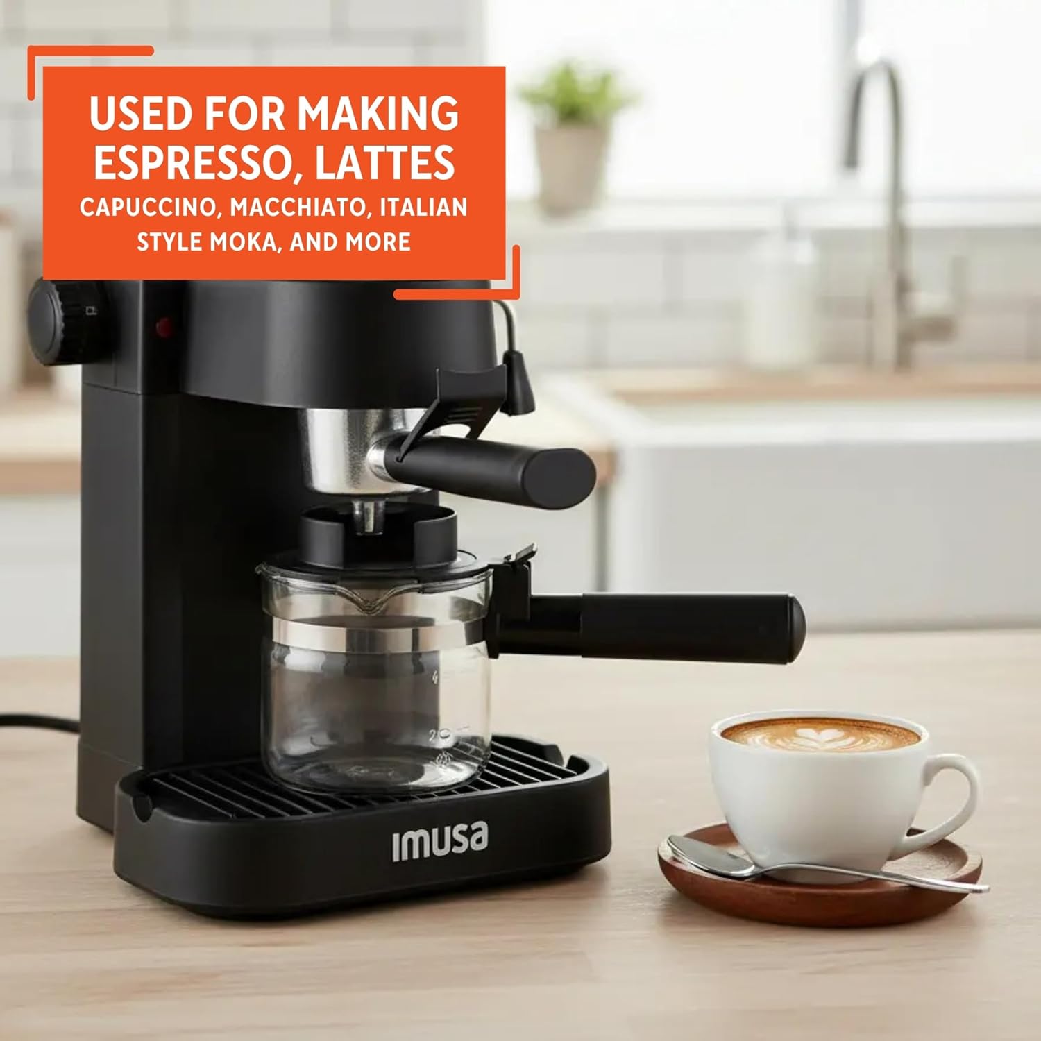Imusa Electric Espresso Cappuccino Maker 4 Cup Capacity With Milk Frother Black Coffee Machine For Home Barista Experience