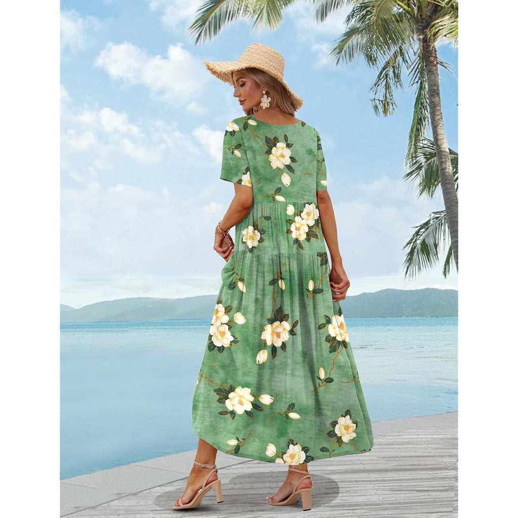 Yesno Women Casual Loose Bohemian Floral Dress With Pockets Short Sleeve Long Maxi Summer Beach Swing Dress Ejf