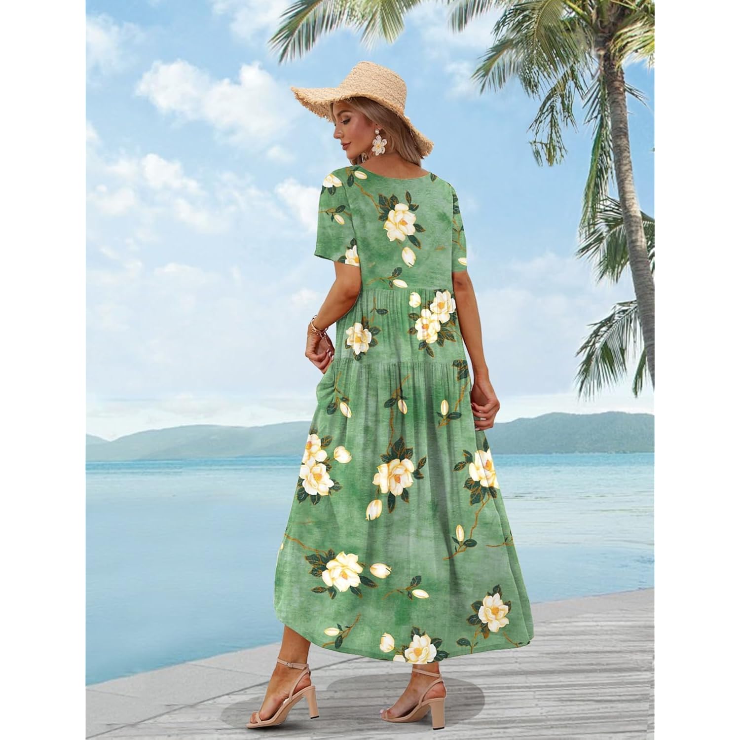 Yesno Women Casual Loose Bohemian Floral Dress With Pockets Short Sleeve Long Maxi Summer Beach Swing Dress Ejf